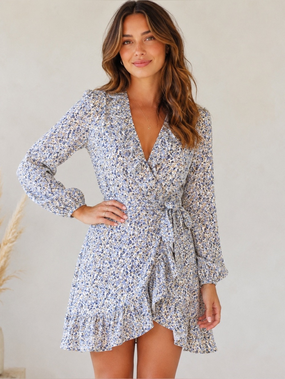 Cottagecore Softgirl Boho Floral Ruffle Wrap Coquette Puff Sleeve Dress Sz- S